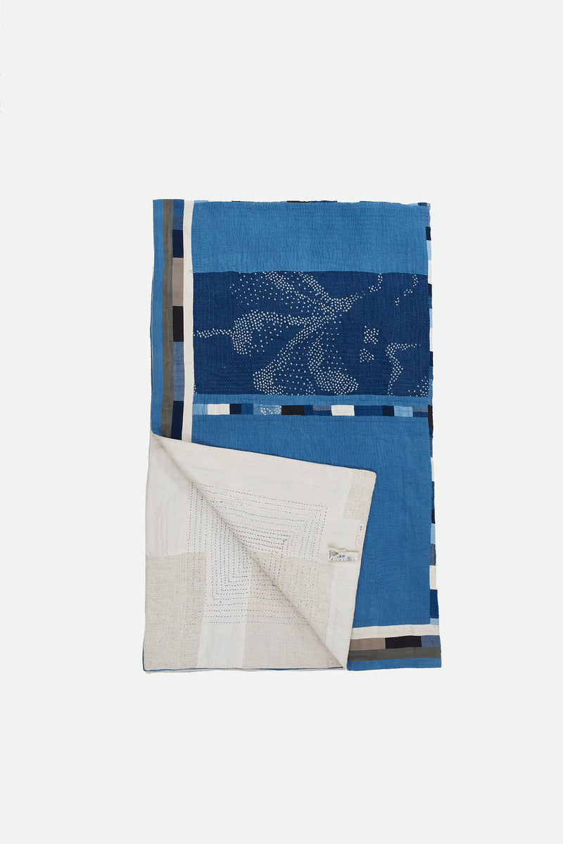 HAND EMBROIDERED PATCHWORK QUILT IN SHADES OF INDIGO