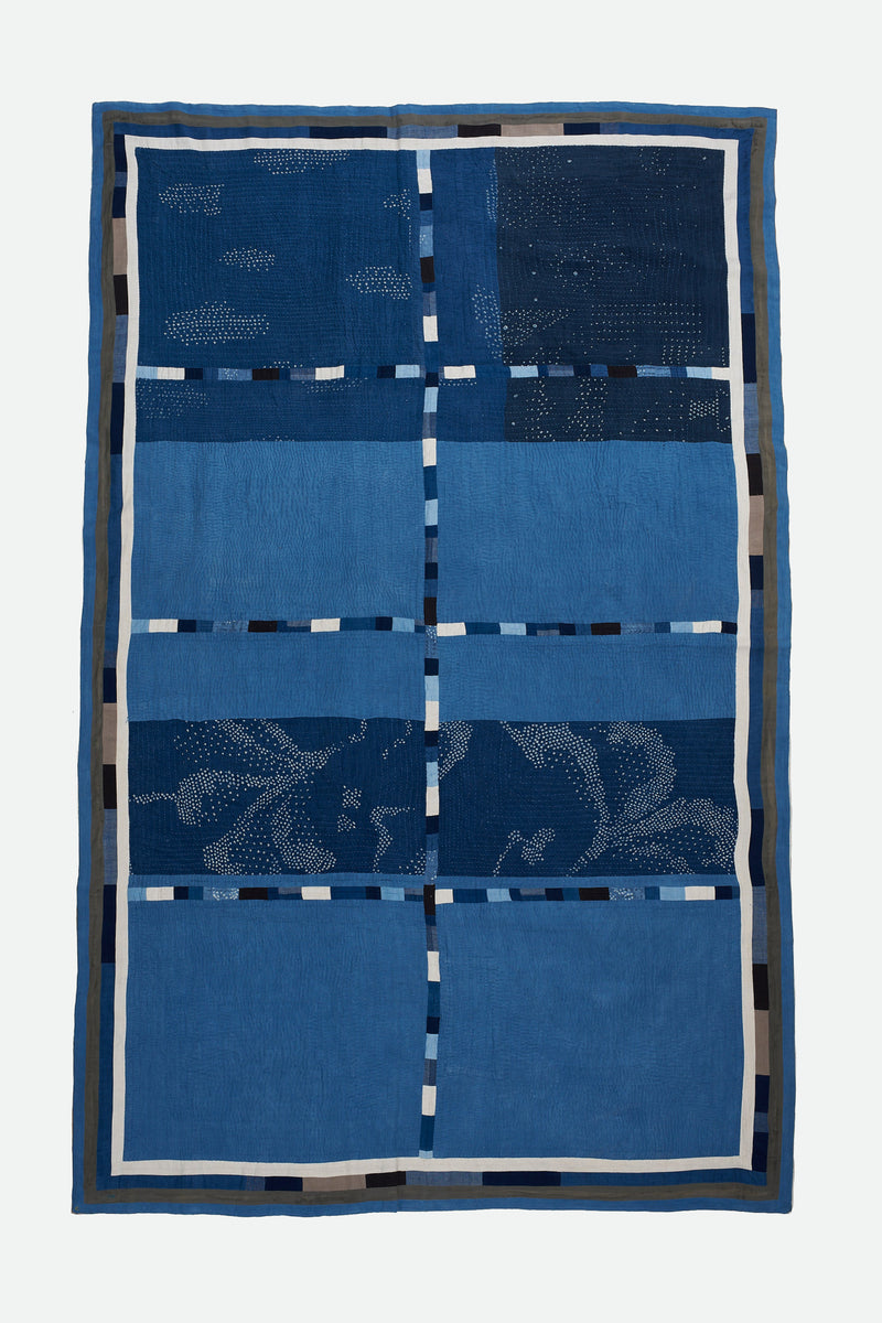 HAND EMBROIDERED PATCHWORK QUILT IN SHADES OF INDIGO