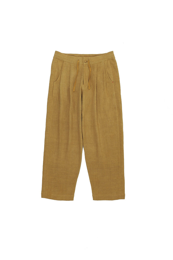 MUSTARD YELLOW TEXTURED PLEATED TROUSERS