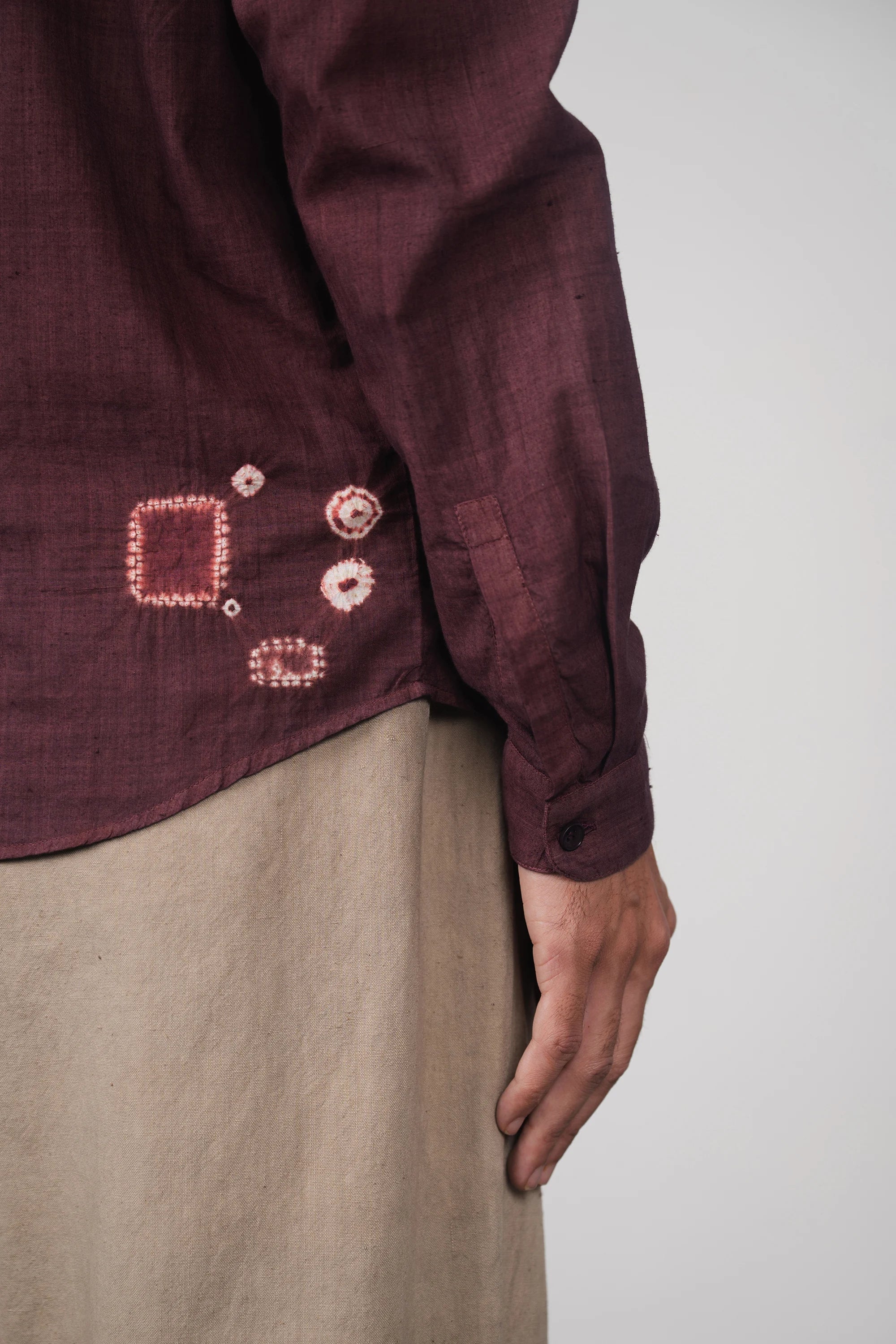 Purple Red Band Collar Bandhani Shirt