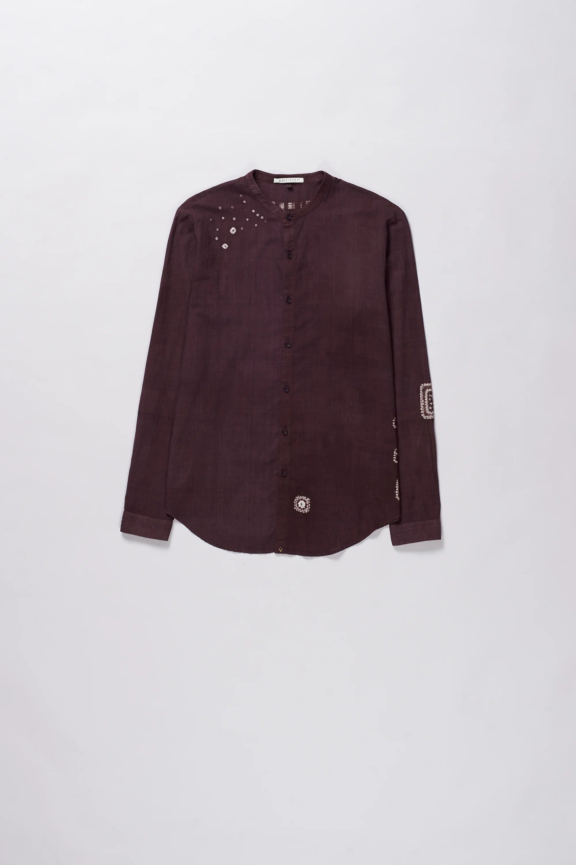 band collar bandhani shirt in purple red