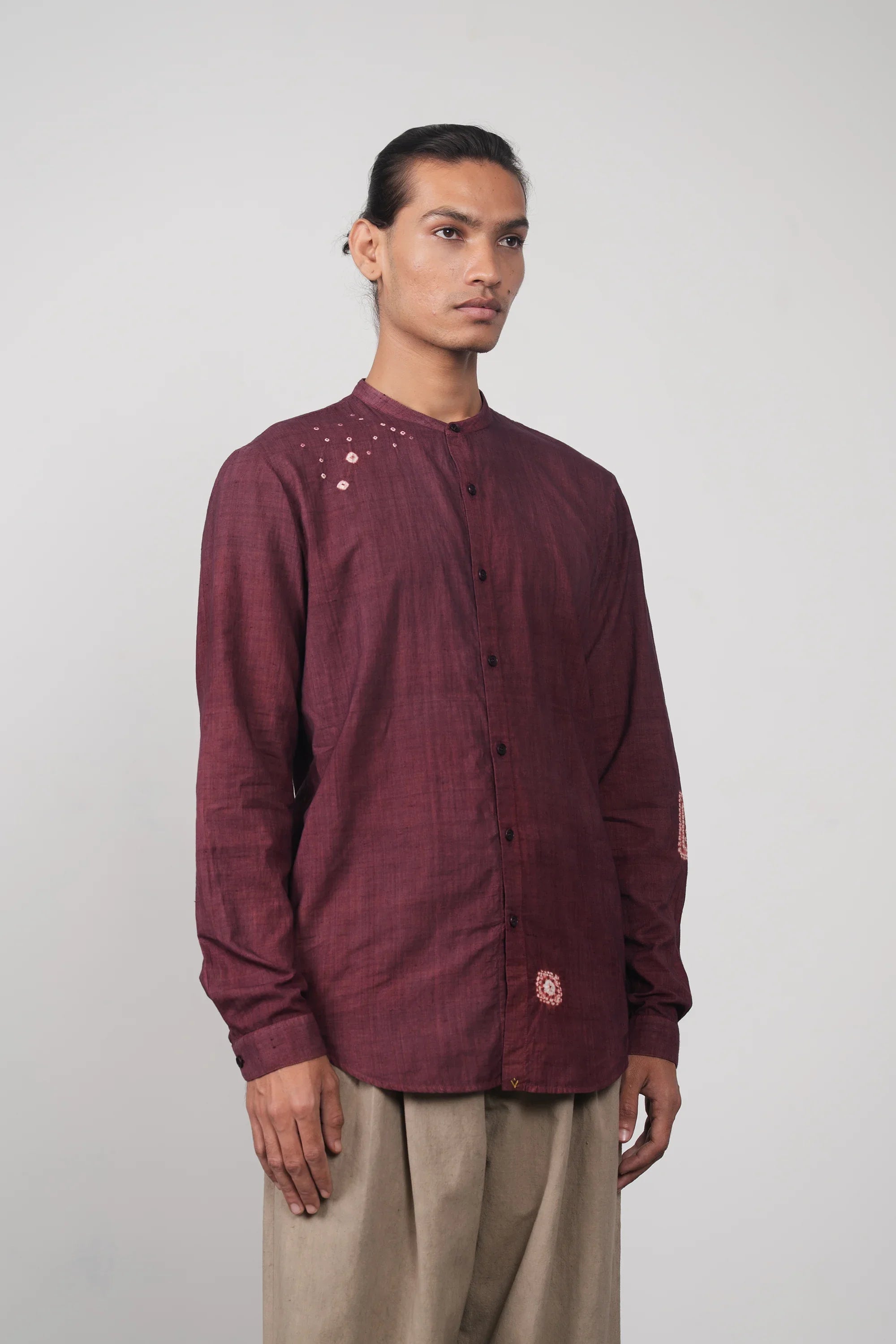 Purple Red Band Collar Bandhani Shirt