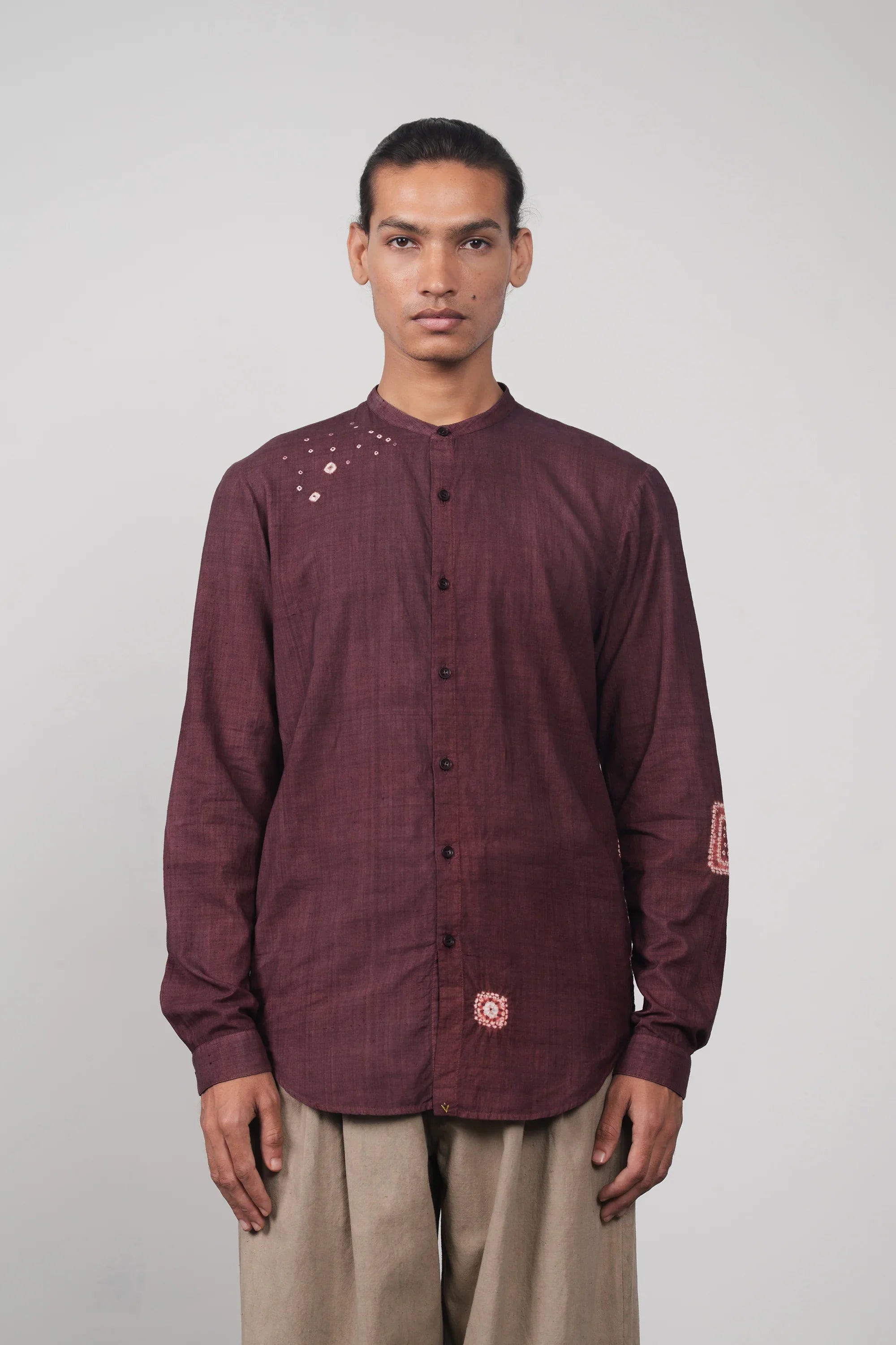 Purple Red Band Collar Bandhani Shirt