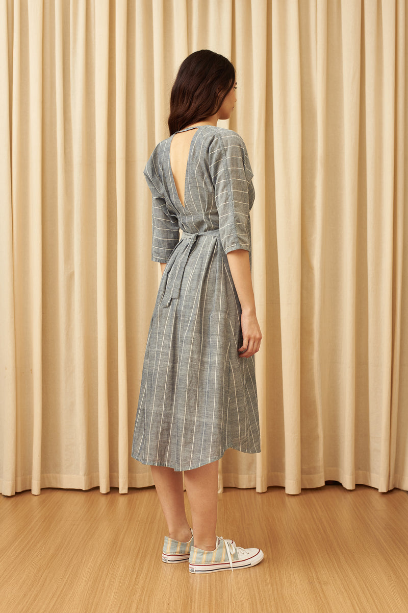 INDIGO A-LINE STATEMENT YARN DYED DRESS