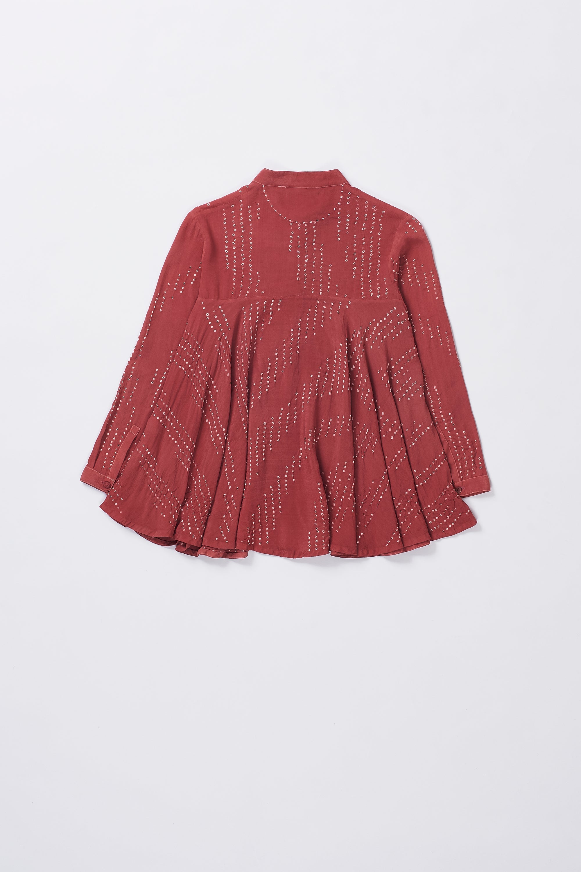 Crimsom Pink Crepe Silk Flared Shirt Featuring Miniature Bandhani