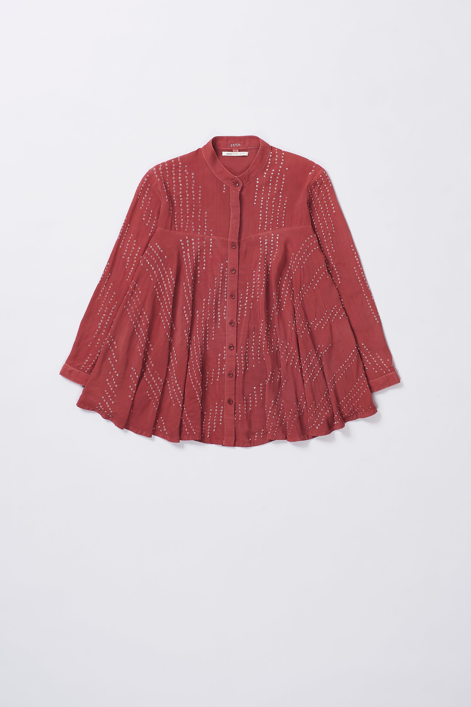 CRIMSOM PINK CREPE SILK FLARED SHIRT FEATURING MINIATURE BANDHANI