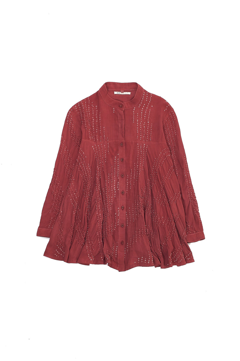 Rogue Pink Crepe Silk Flared Shirt Featuring Miniature Bandhani