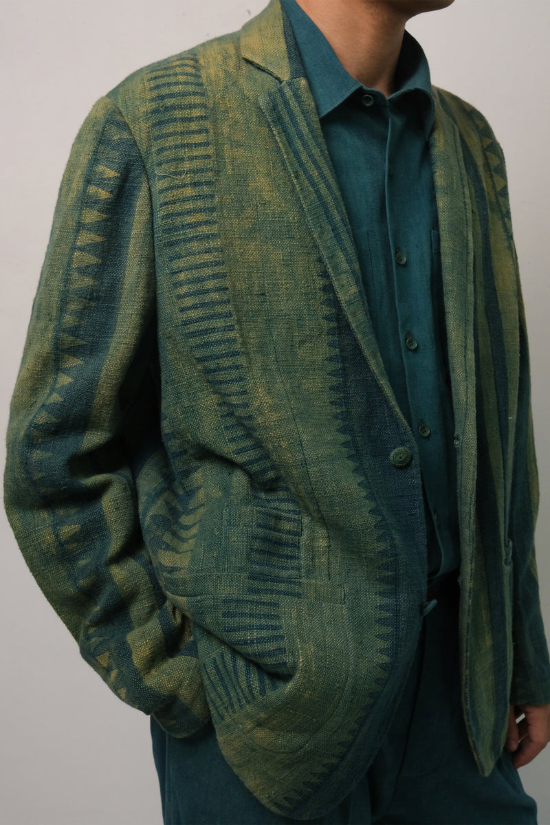 BOTTLE GREEN BLOCK PRINTED OVERSIZED JACKET