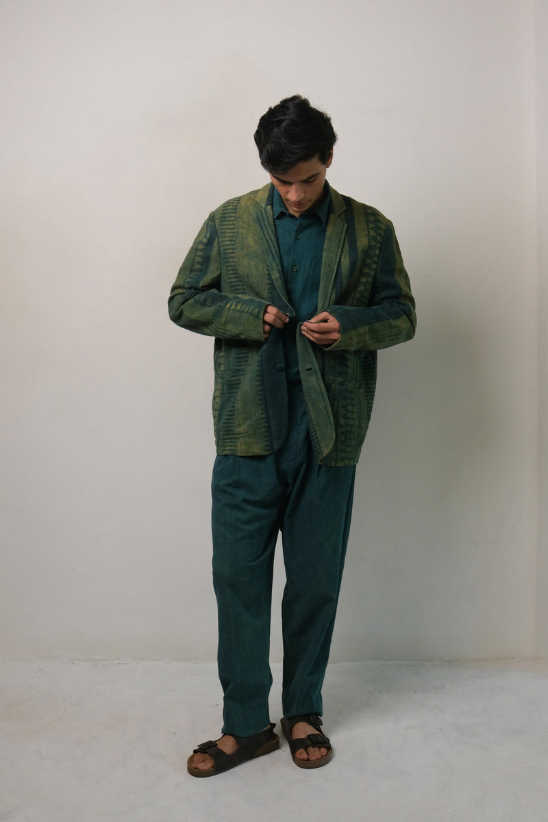 BOTTLE GREEN BLOCK PRINTED OVERSIZED JACKET