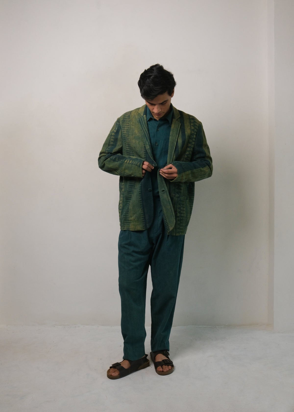 Block Printed Oversized Jacket in Bottle Green