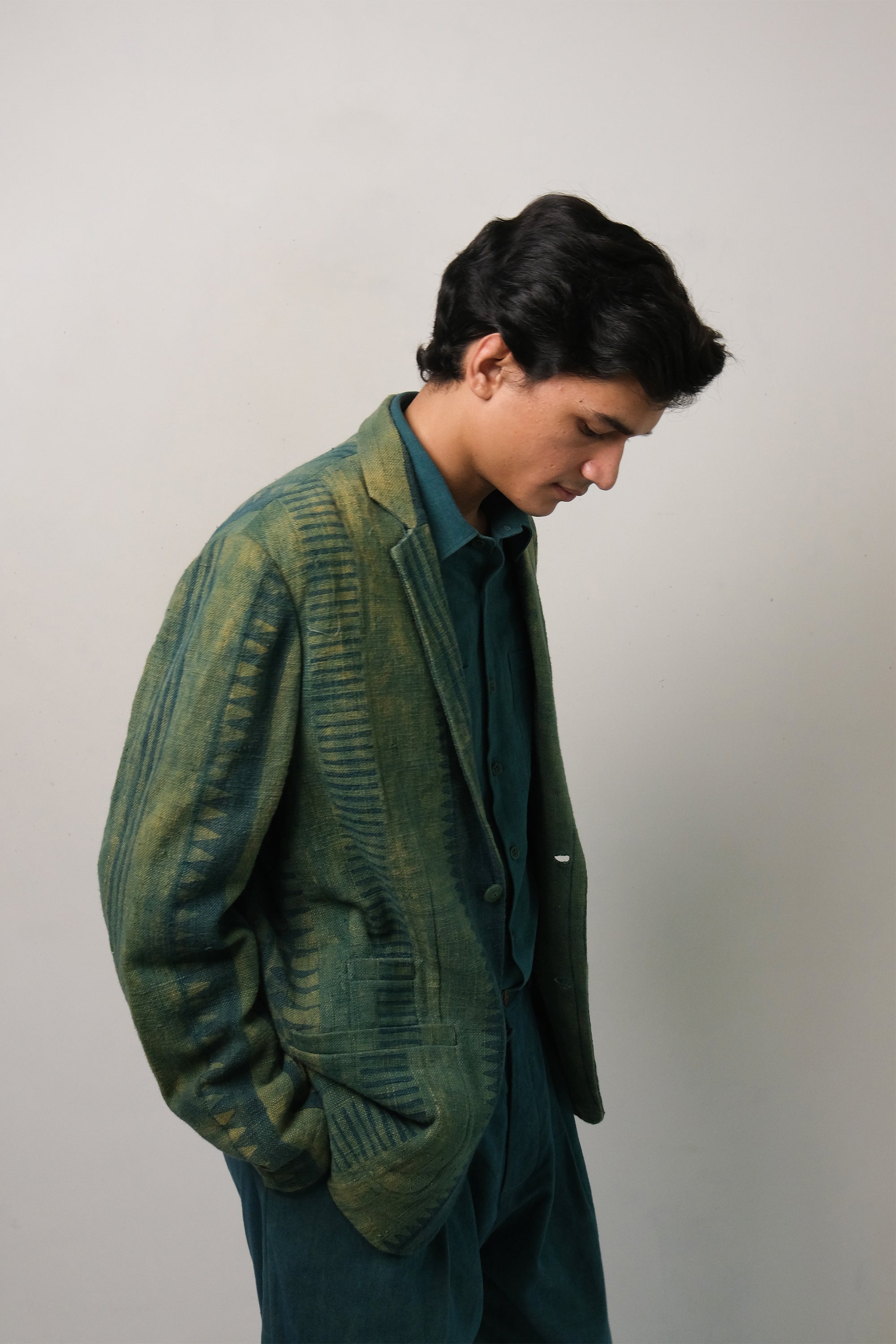 BOTTLE GREEN BLOCK PRINTED JACKET