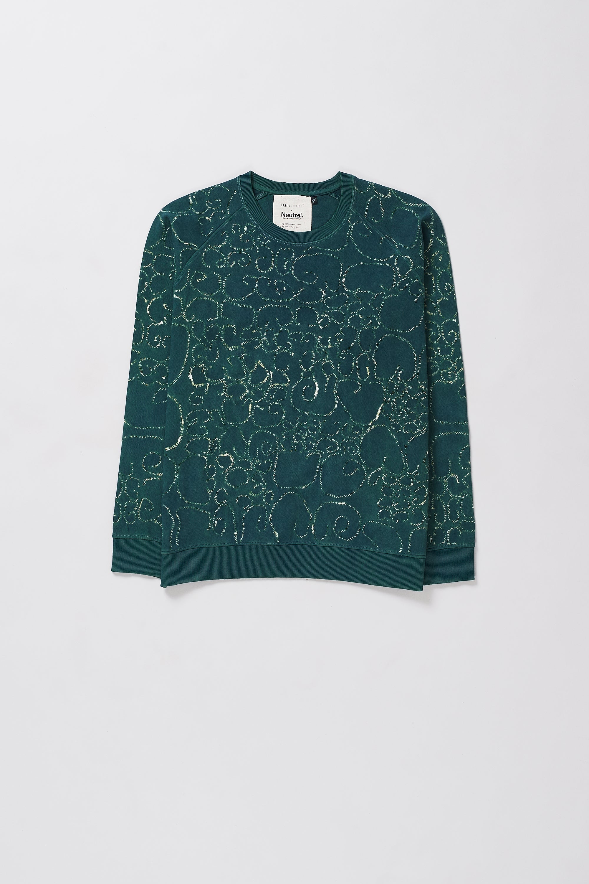 sweatshirt with bandhani and shibori in bottle green