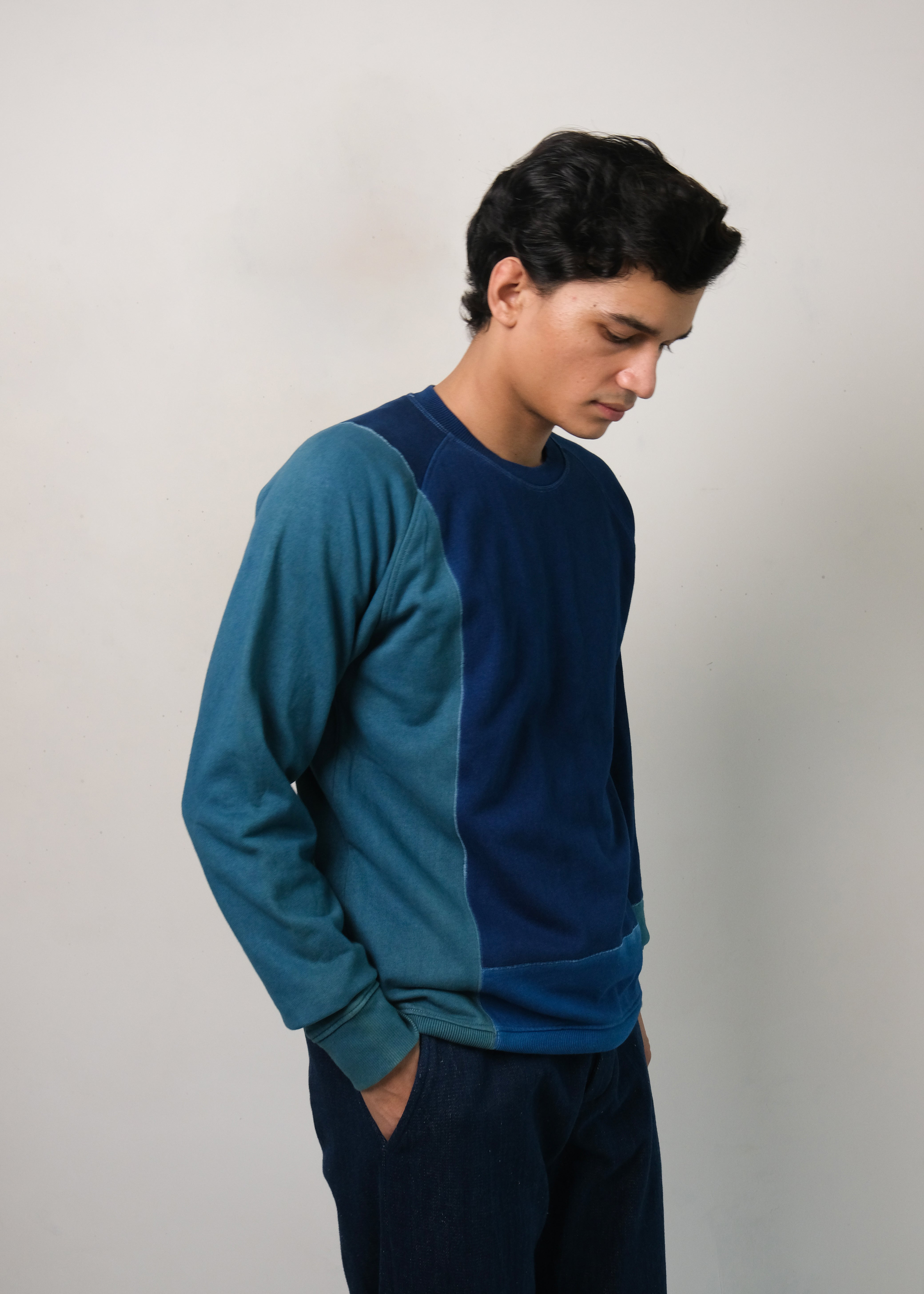 SHADE OF INDIGO PATCHWORK COTTON SWEATSHIRT