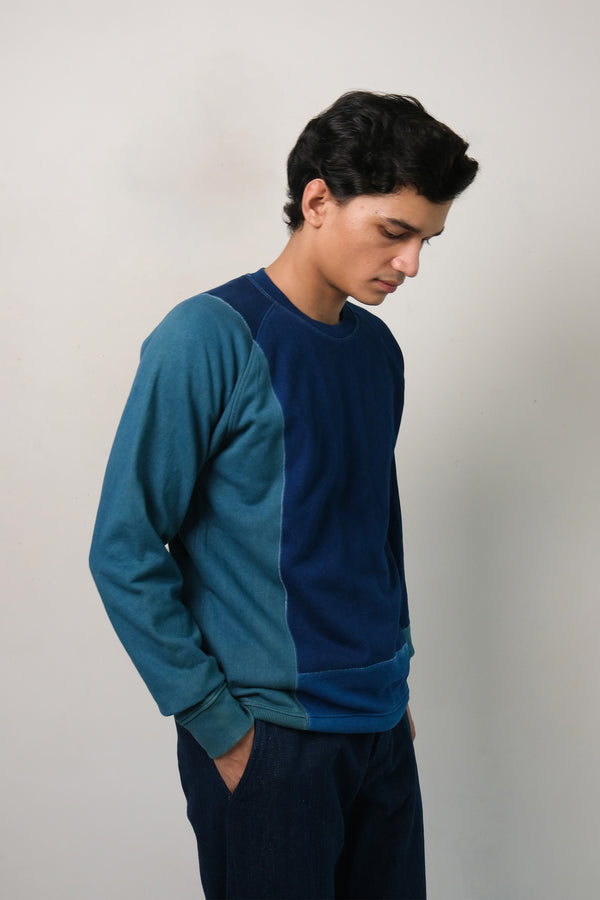 SHADE OF INDIGO PATCHWORK COTTON SWEATSHIRT