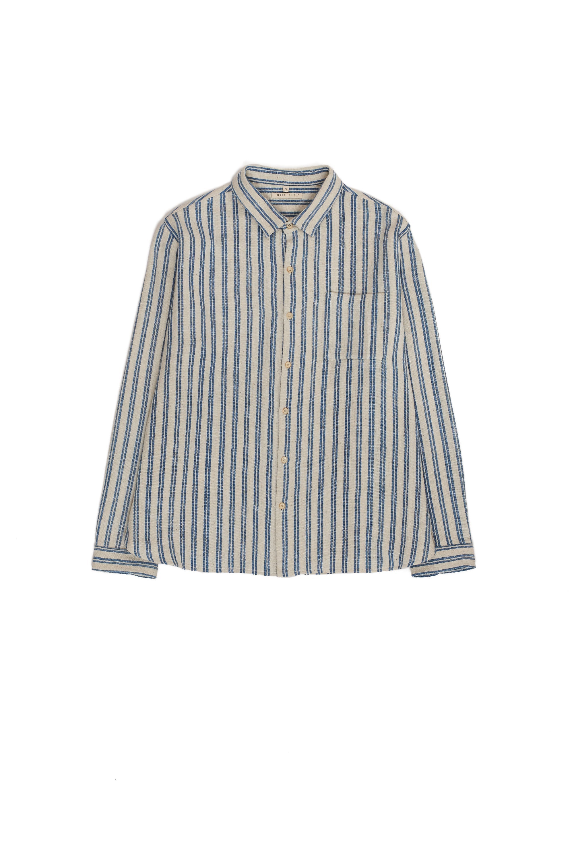 Front image of medium indigo yarn dyed cotton shirt