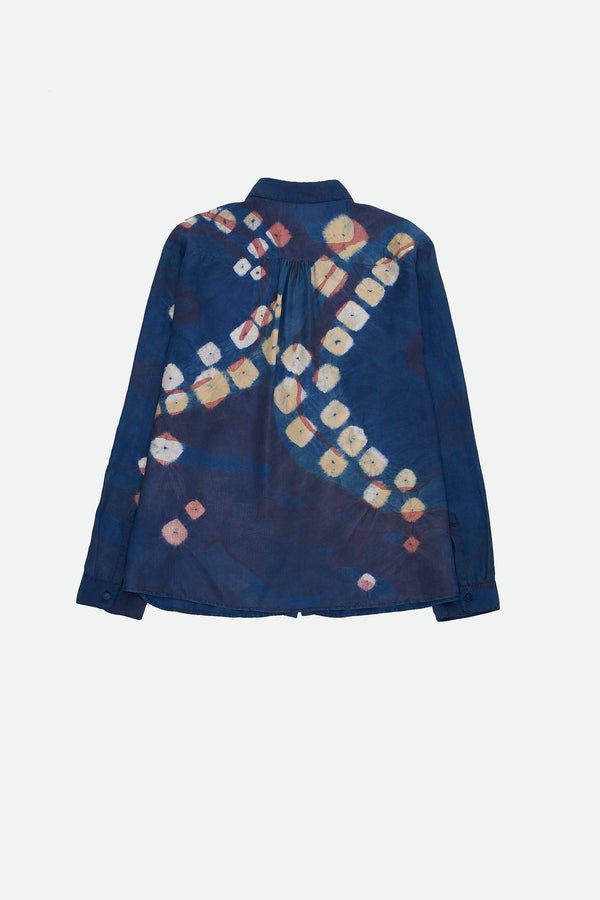 INDIGO SCREEN PRINT & BANDHANI SILK SHIRT