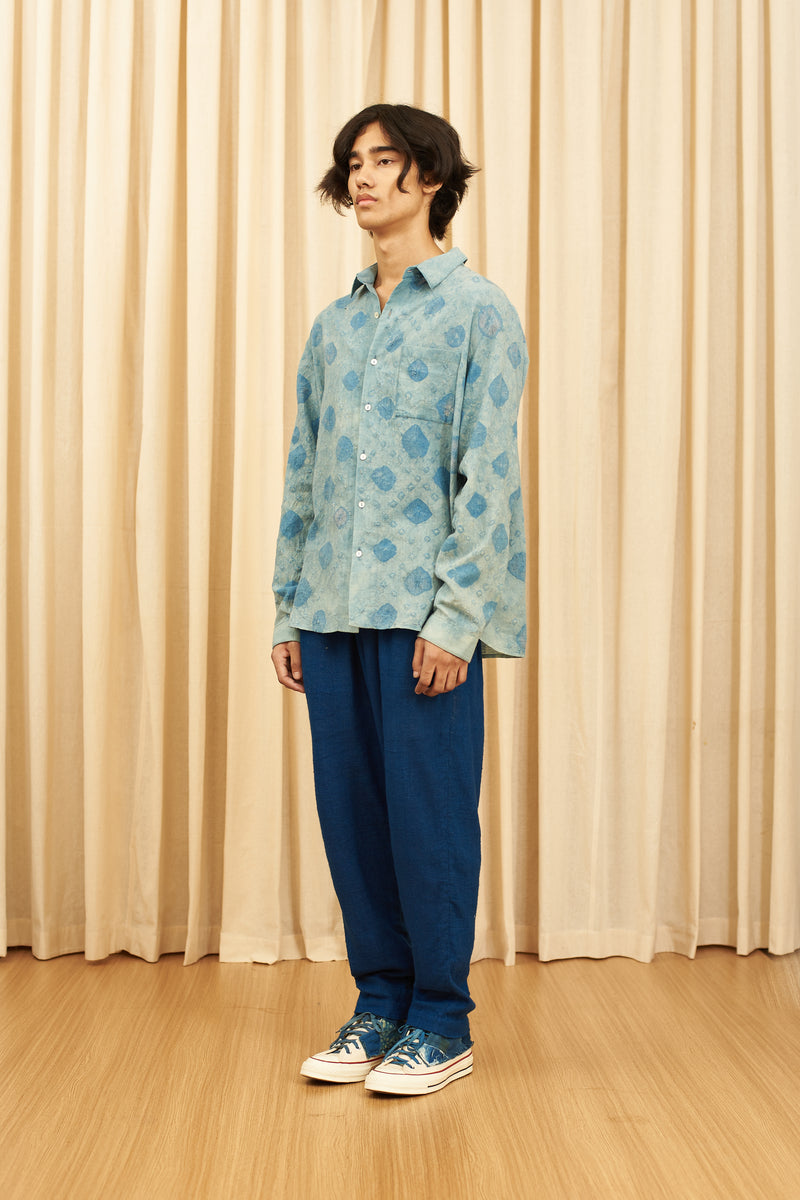 Ungendered Light Indigo Organic Cotton Checks Spread Collar Shirt Amplified With Bandhani