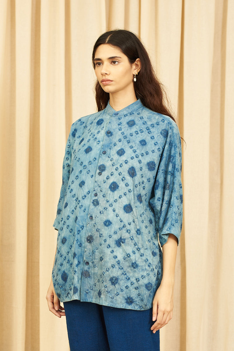 INDIGO KIMONO SLEEVE BANDHANI SHIRT