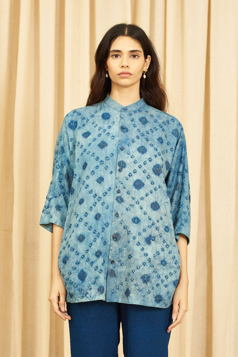 INDIGO KIMONO SLEEVE BANDHANI SHIRT