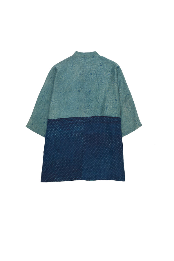 INDIGO BLOCK PRINTED SOFT SILK KIMONO SLEEVE SHIRT