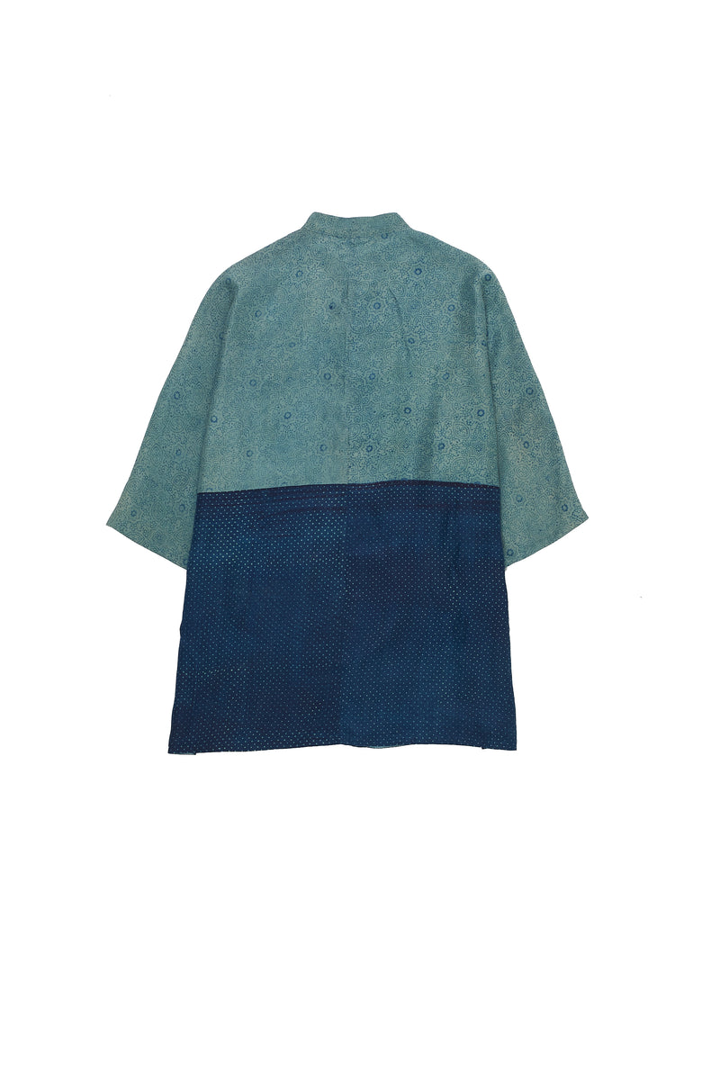 Indigo Block Printed Soft Silk Kimono Sleeve Shirt