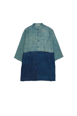 INDIGO BLOCK PRINTED SOFT SILK KIMONO SLEEVE SHIRT