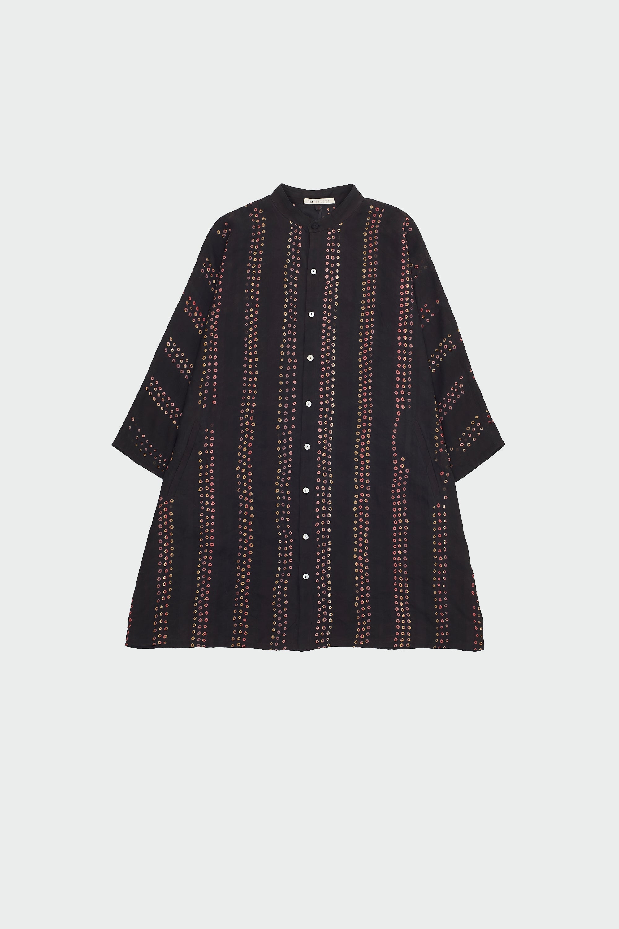 BLACK SILK SHIRT WITH MULTI-COLOUR BANDHANI STRIPES