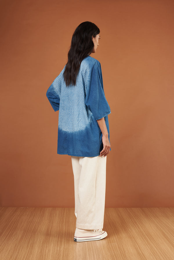 Indigo Kimono Sleeve Bandhani Cotton Shirt