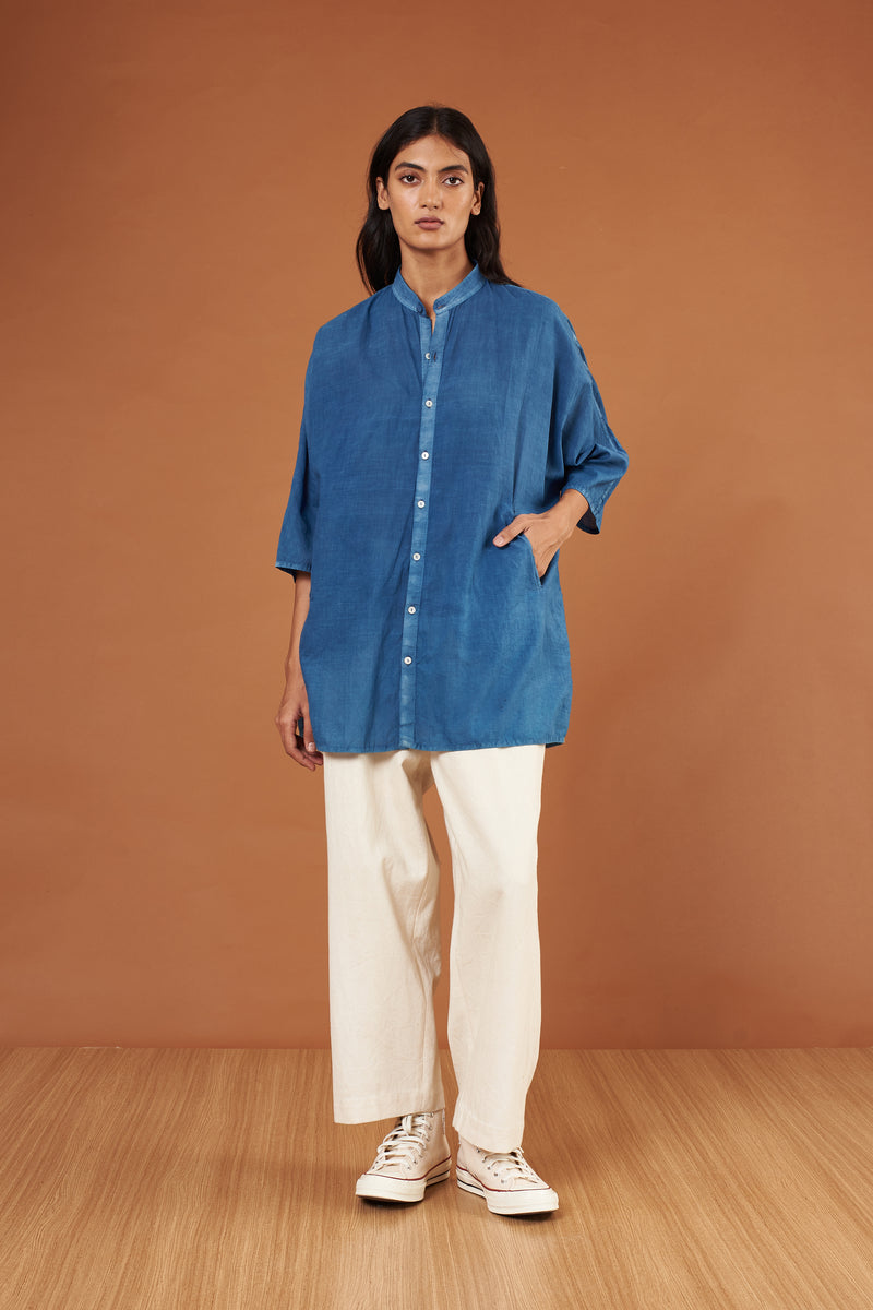 Indigo Kimono Sleeve Bandhani Cotton Shirt