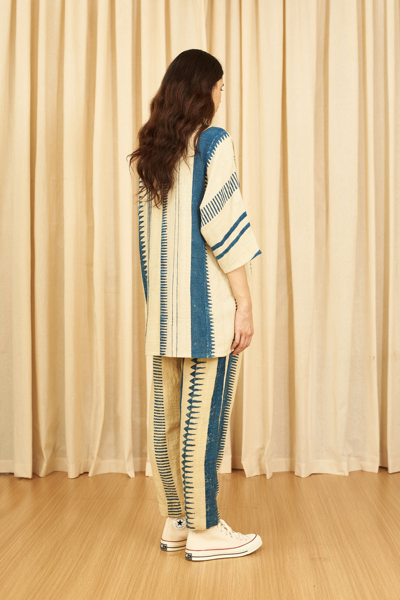 OFF-WHITE BLOCK PRINTED COTTON TEXTURED KIMONO SLEEVE SHIRT