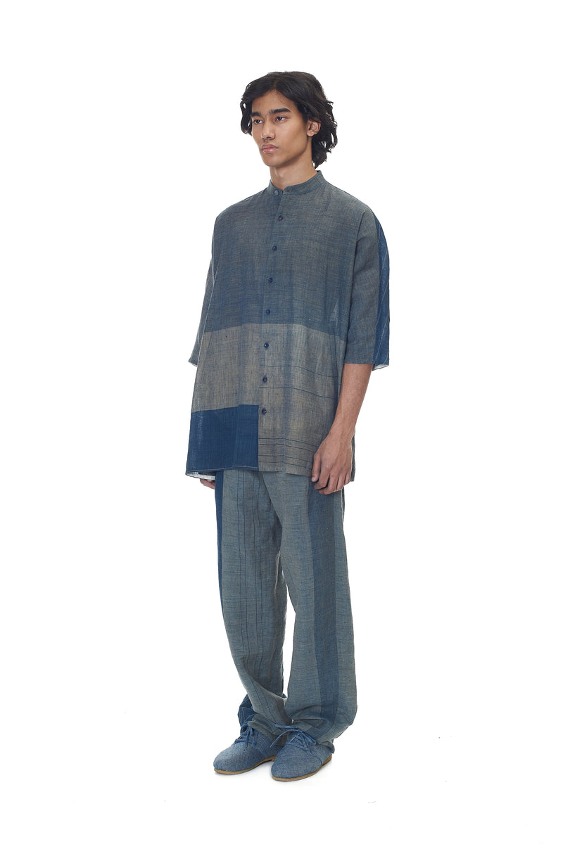 INDIGO YARN DYED STRIPES BAND COLLAR SHIRT