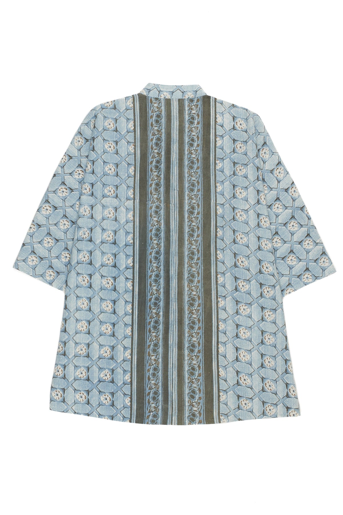 LIGHT INDIGO SCREEN PRINTED BAND COLLAR SHIRT