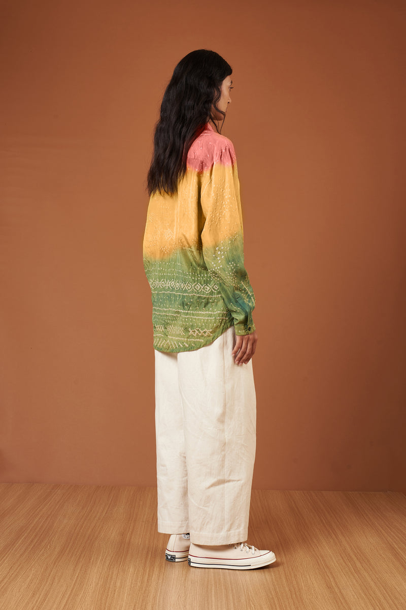 Multi -Coloured Dip Dyed Textured Bandhani Soft Silk Shirt