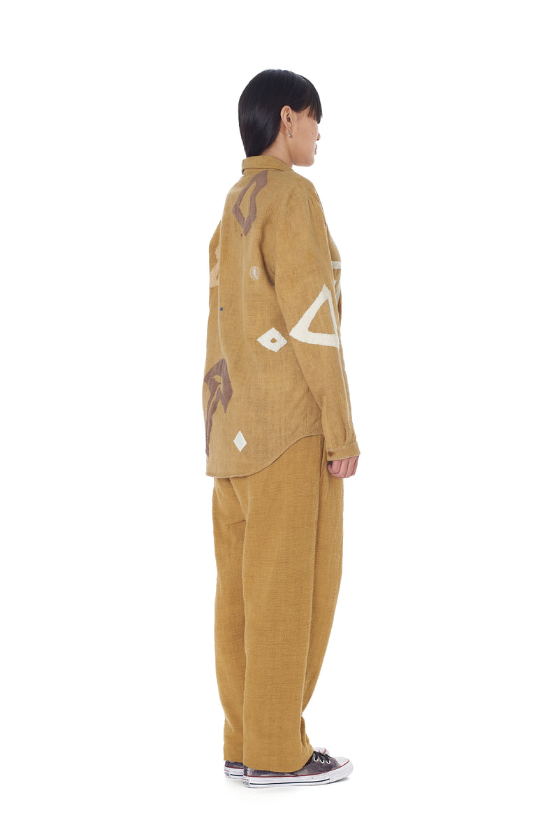 MUSTARD YELLOW STATEMENT PATCHWORK TEXTURED COTTON SHIRT