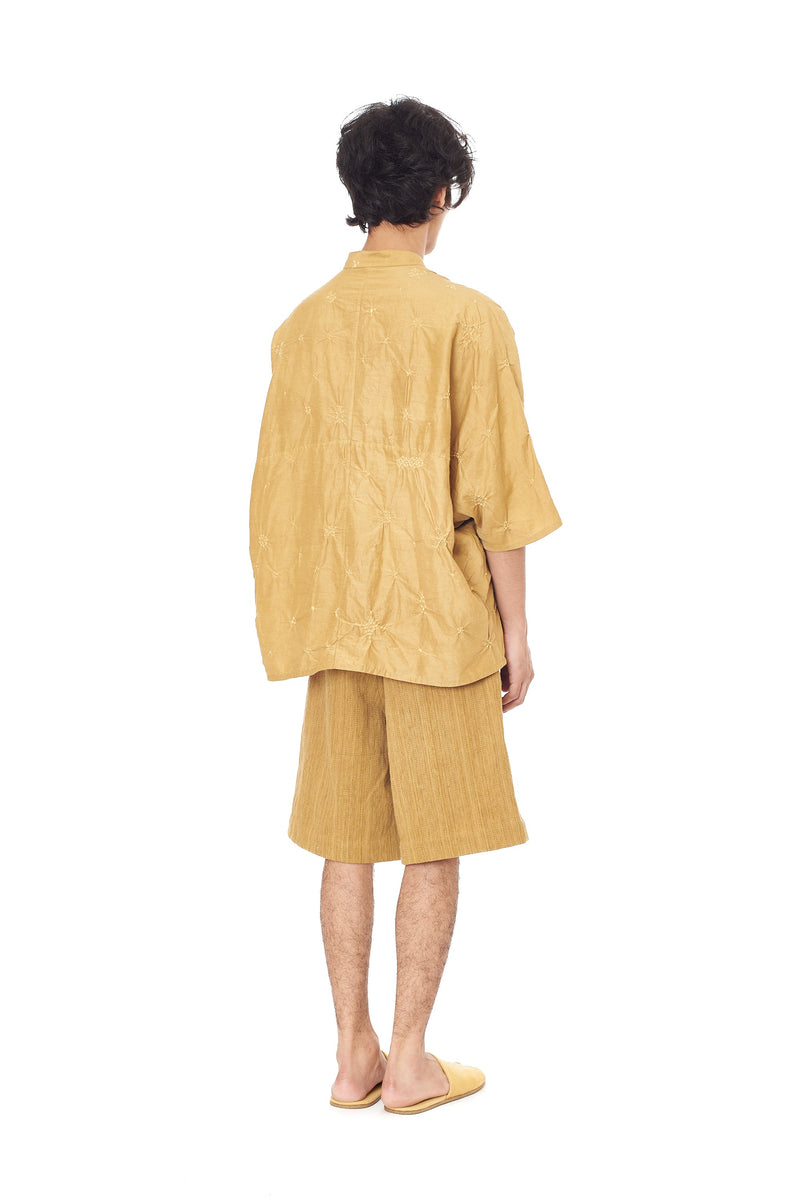 FLAXEN YELLOW BANDHANI BAND COLLAR SHIRT