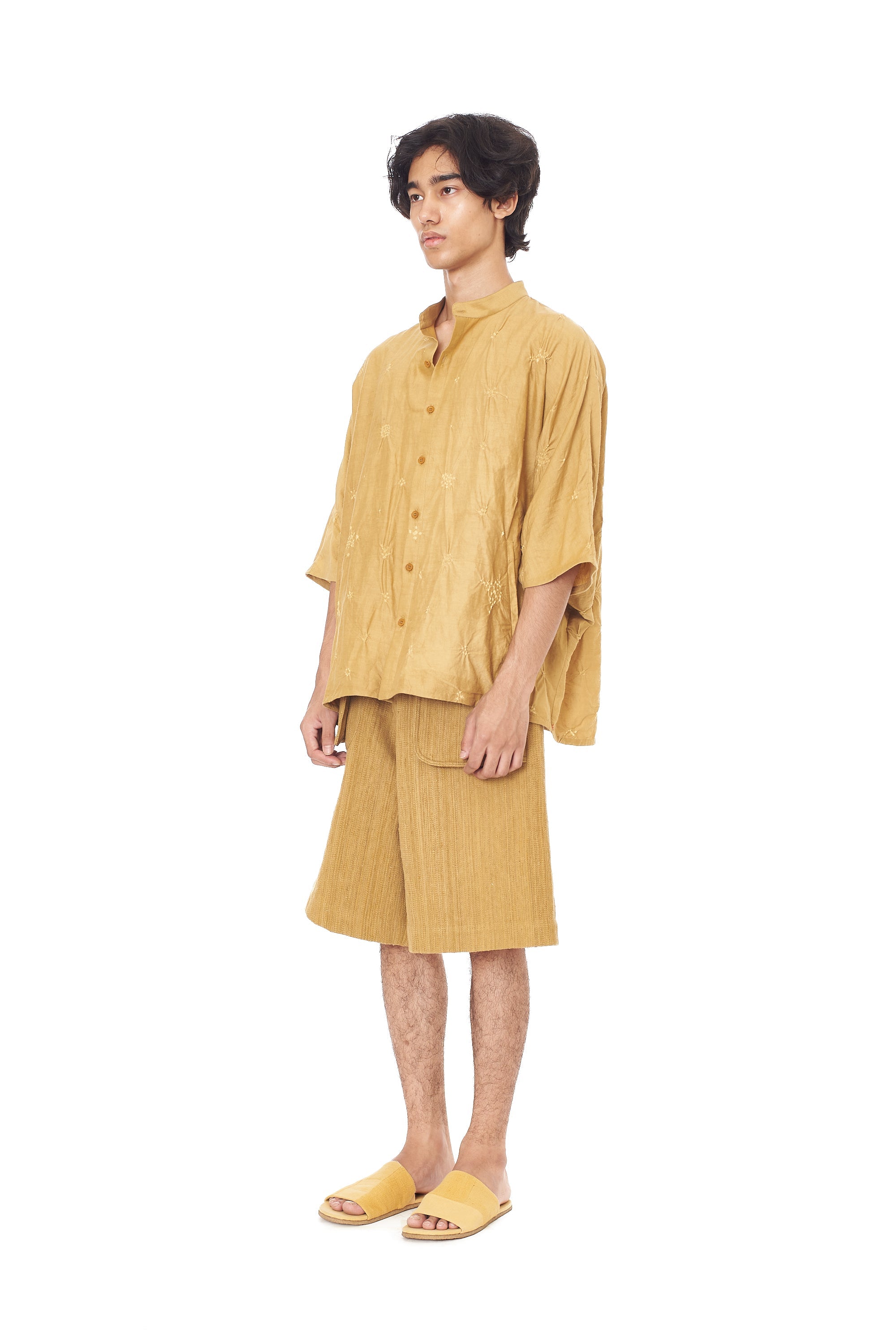 FLAXEN YELLOW BANDHANI BAND COLLAR SHIRT