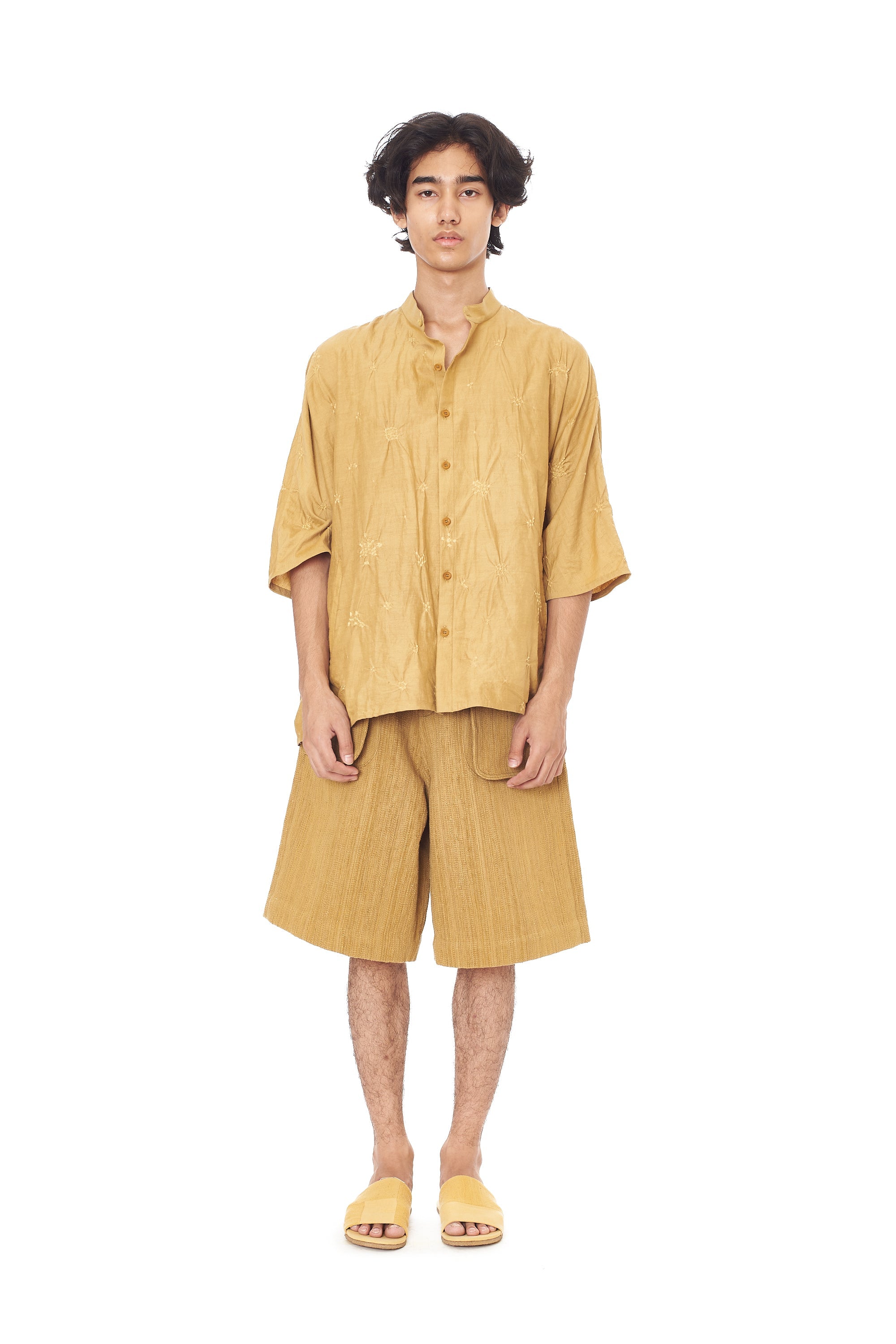 FLAXEN YELLOW BANDHANI BAND COLLAR SHIRT