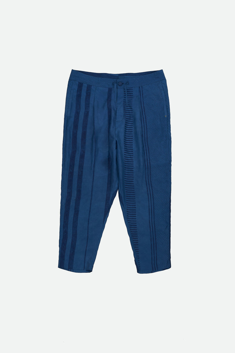 INDIGO BLOCK PRINTED DROP CROTCH TROUSERS