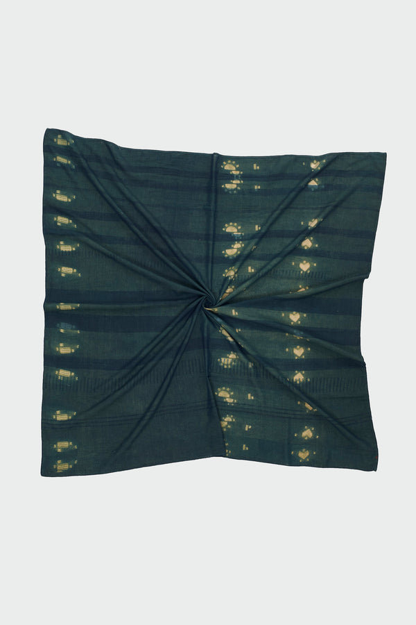 BOTTLE GREEN BLOCK PRINT & SHIBORI SILK SCARF