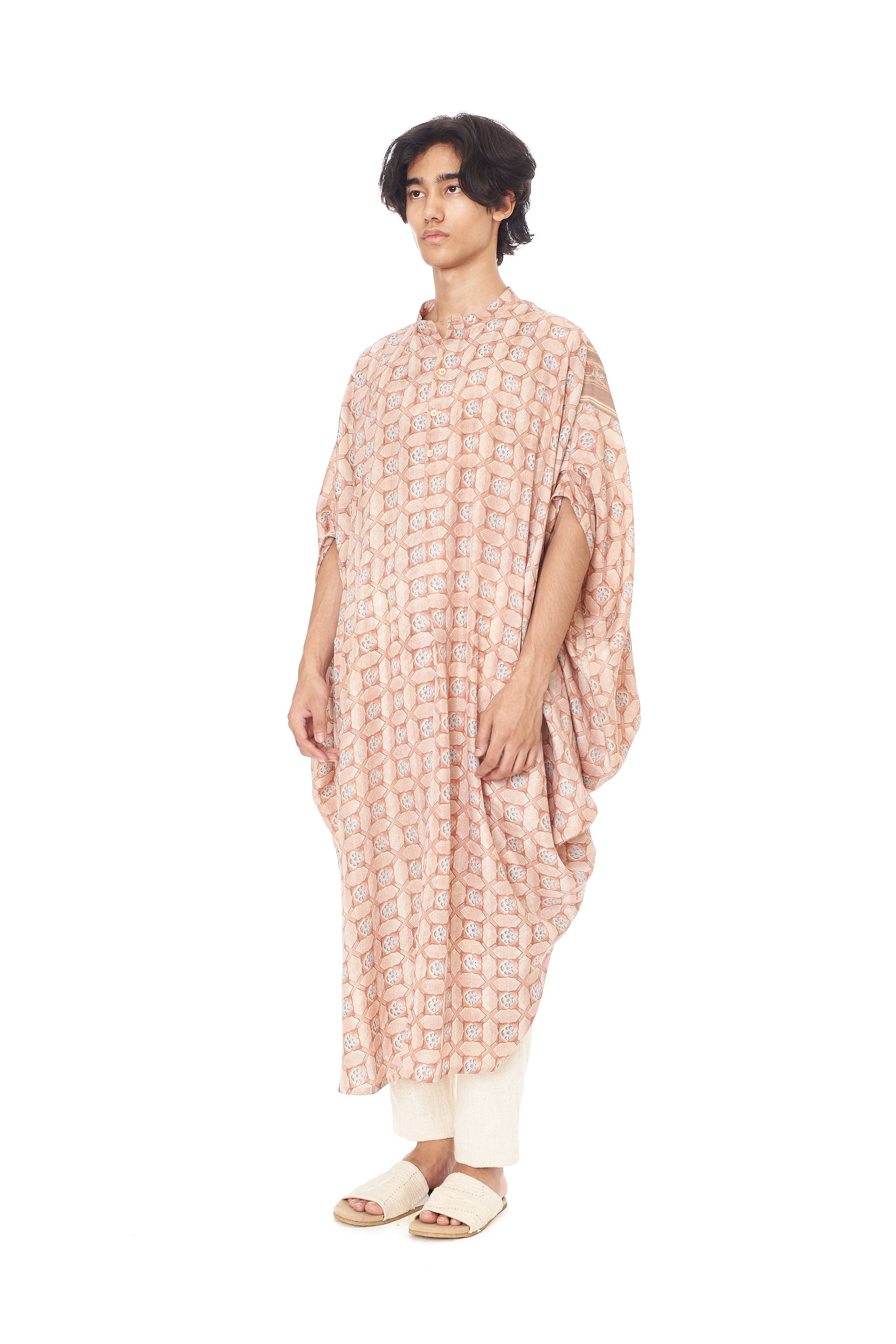 BRICK RED SCREEN PRINTED SOFT SILK KAFTAN