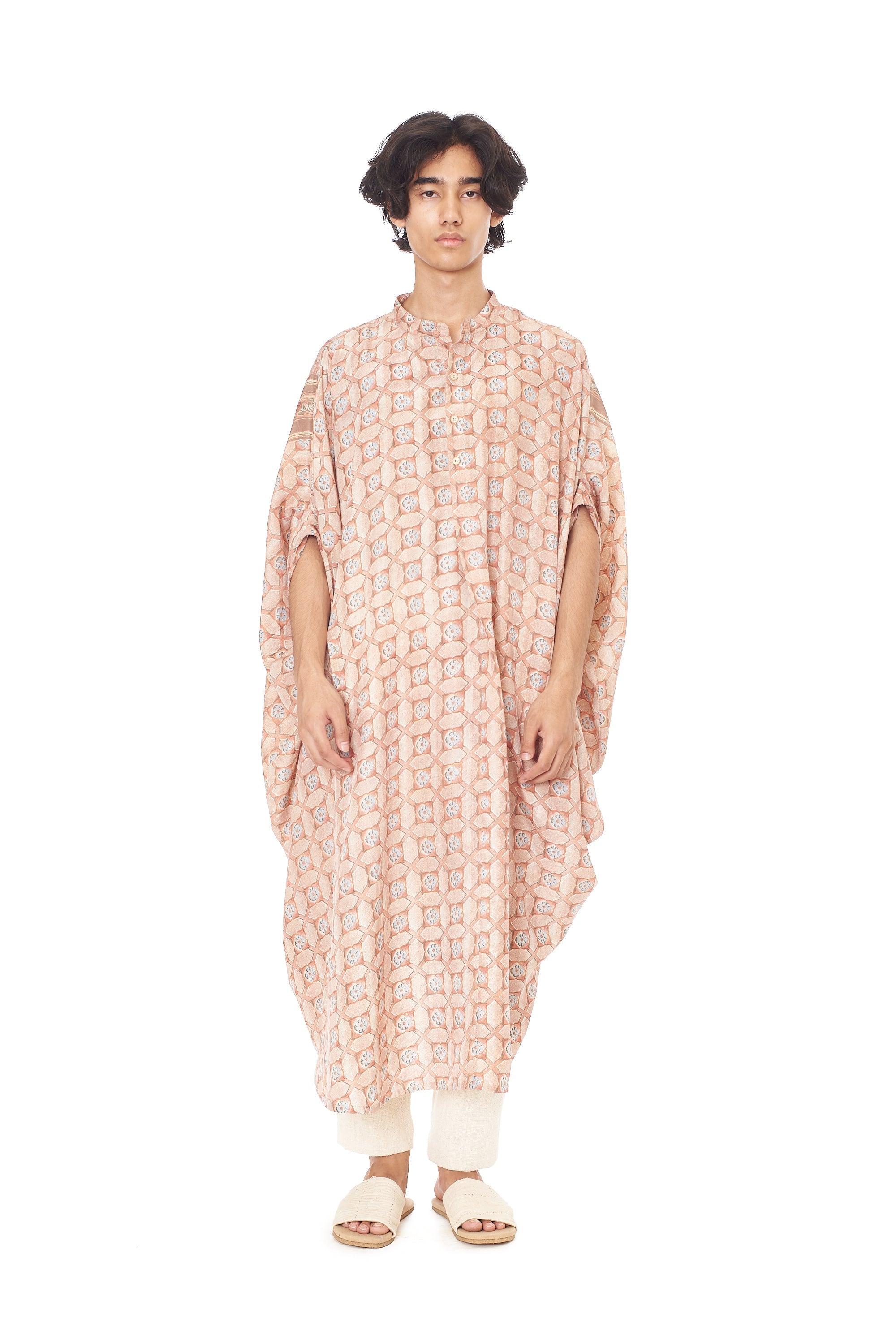 BRICK RED SCREEN PRINTED SOFT SILK KAFTAN