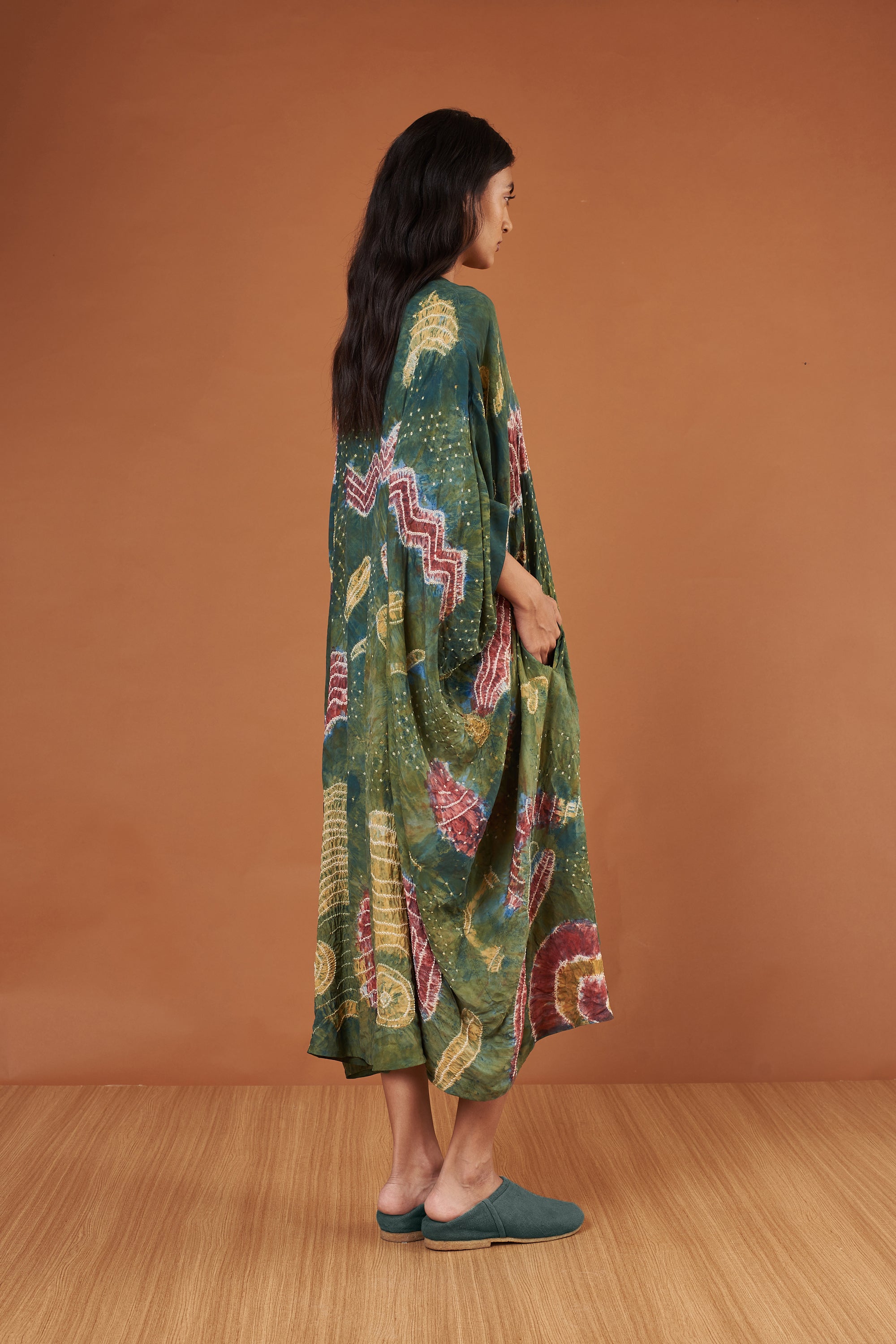 GREEN DYED BANDHANI SILK DRESS