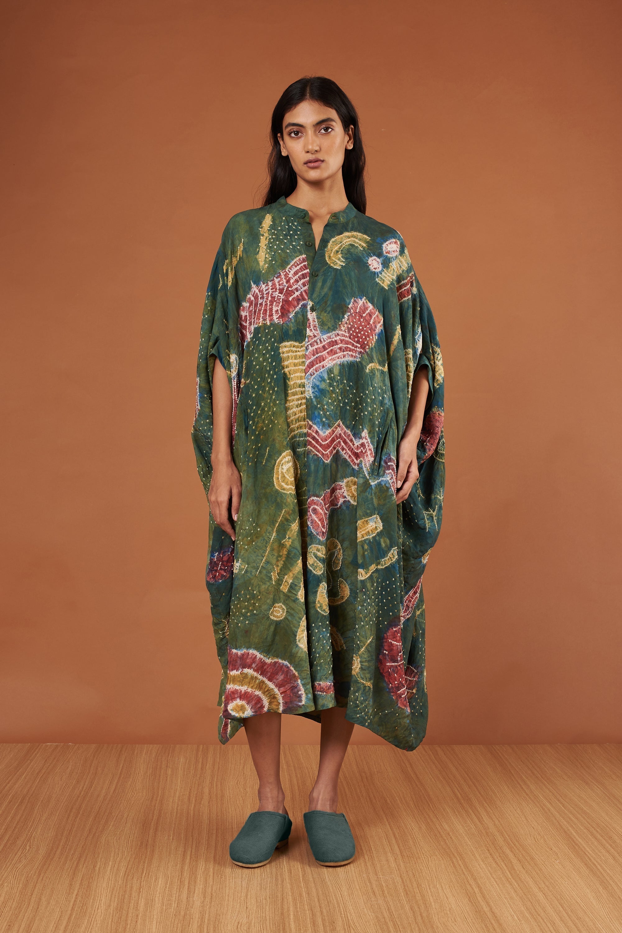 GREEN DYED BANDHANI SILK DRESS