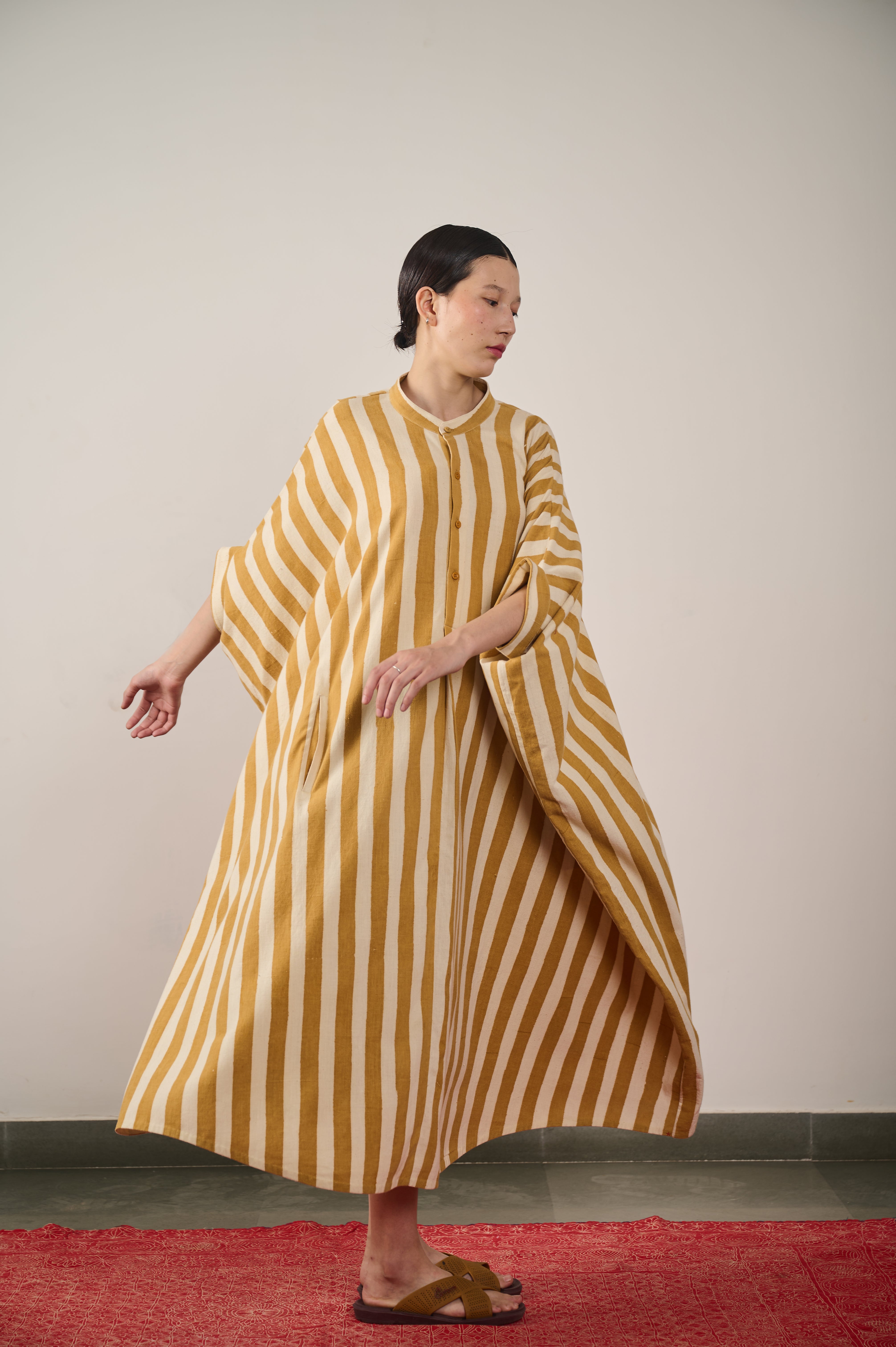 STRIPED KAFTAN DRESS IN MUSTARD YELLOW