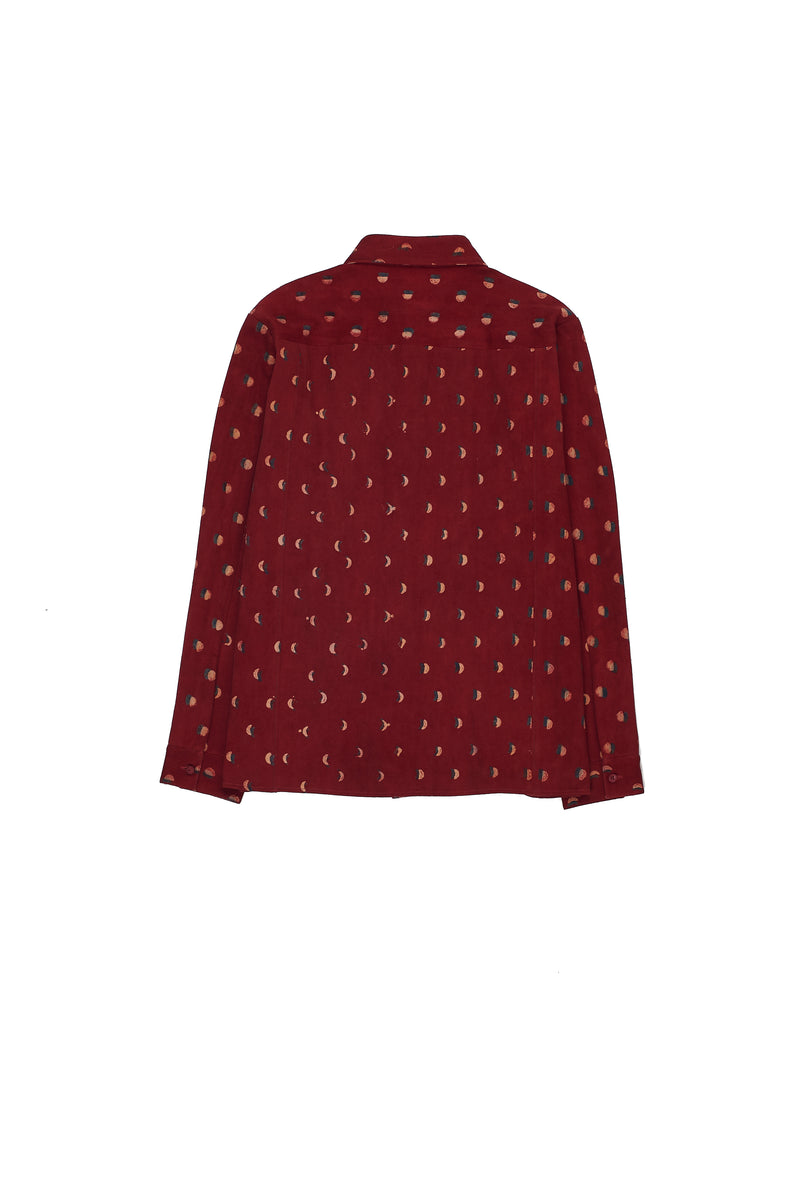 RED BLOCK PRINTED STATEMENT HANDSPUN DENIM JACKET