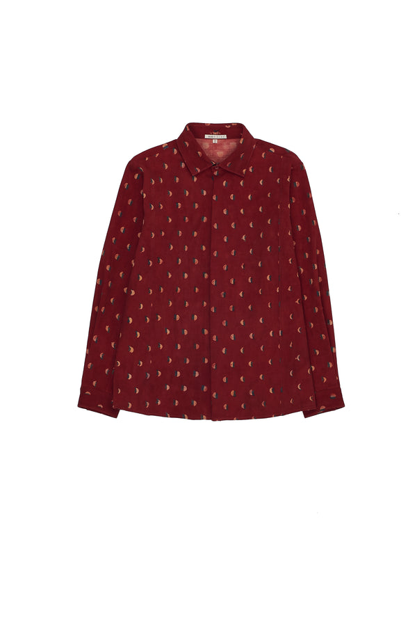 RED BLOCK PRINTED STATEMENT HANDSPUN DENIM JACKET
