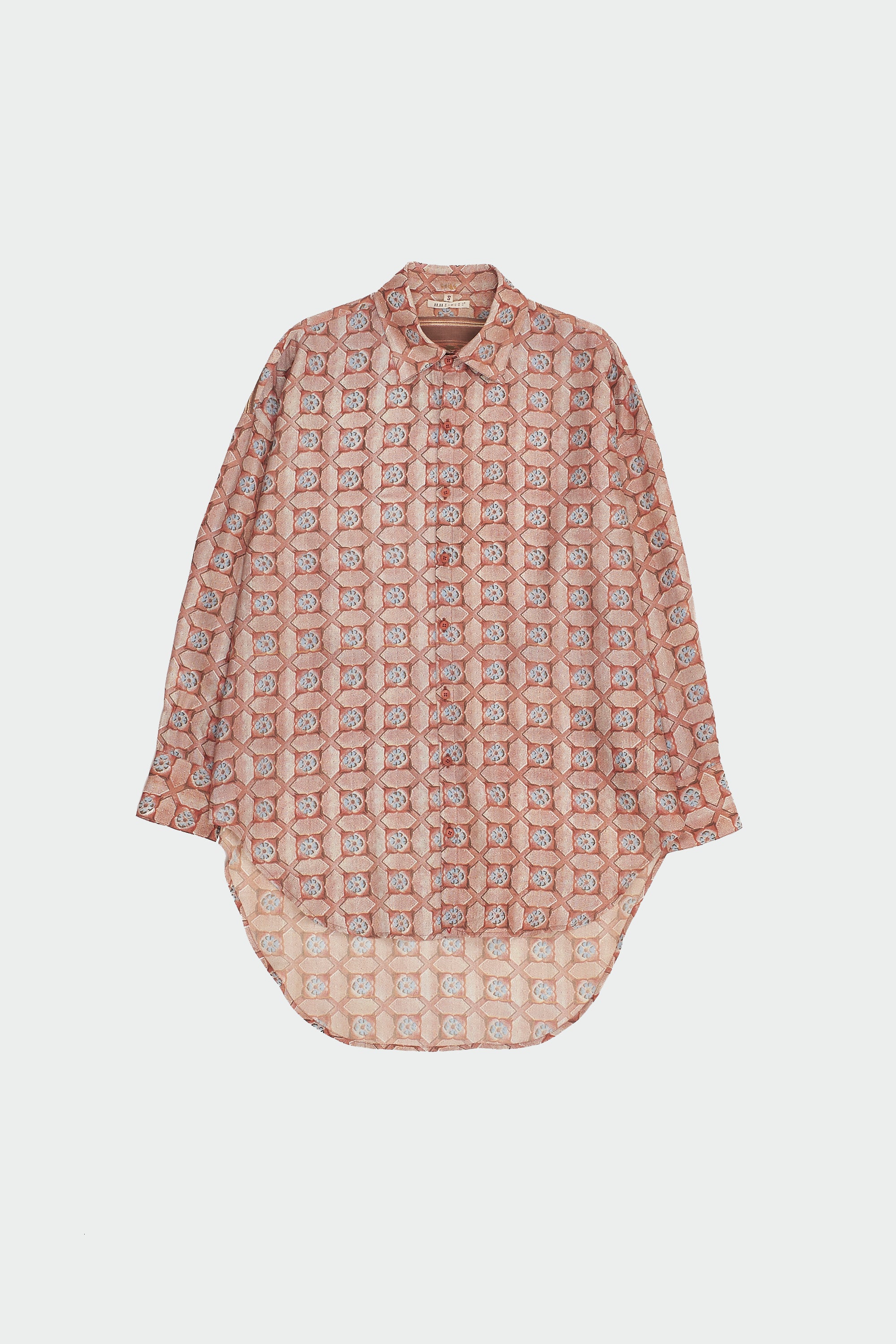 BRICK RED HOMEBODY INSPIRED ALL OVER SCREEN PRINTED STATEMENT OVERSIZED SILK SHIRT