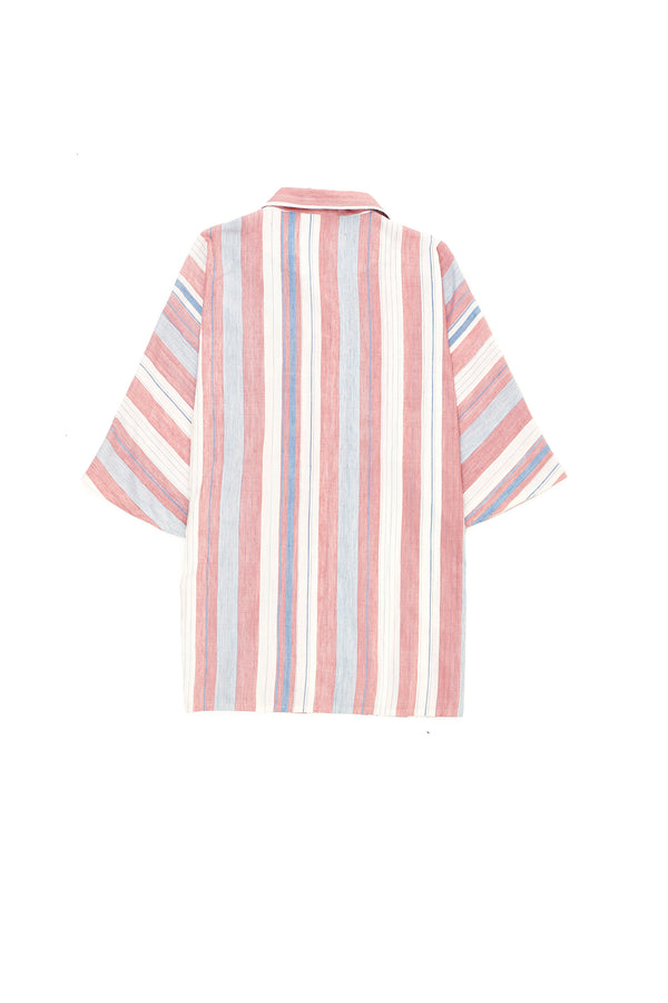 Notch Collar Cotton Silk Multi-Color Striped Shirt
