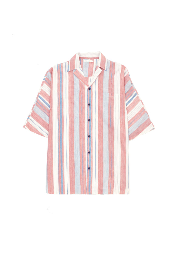 NOTCH COLLAR COTTON SILK MULTI-COLOR STRIPED SHIRT