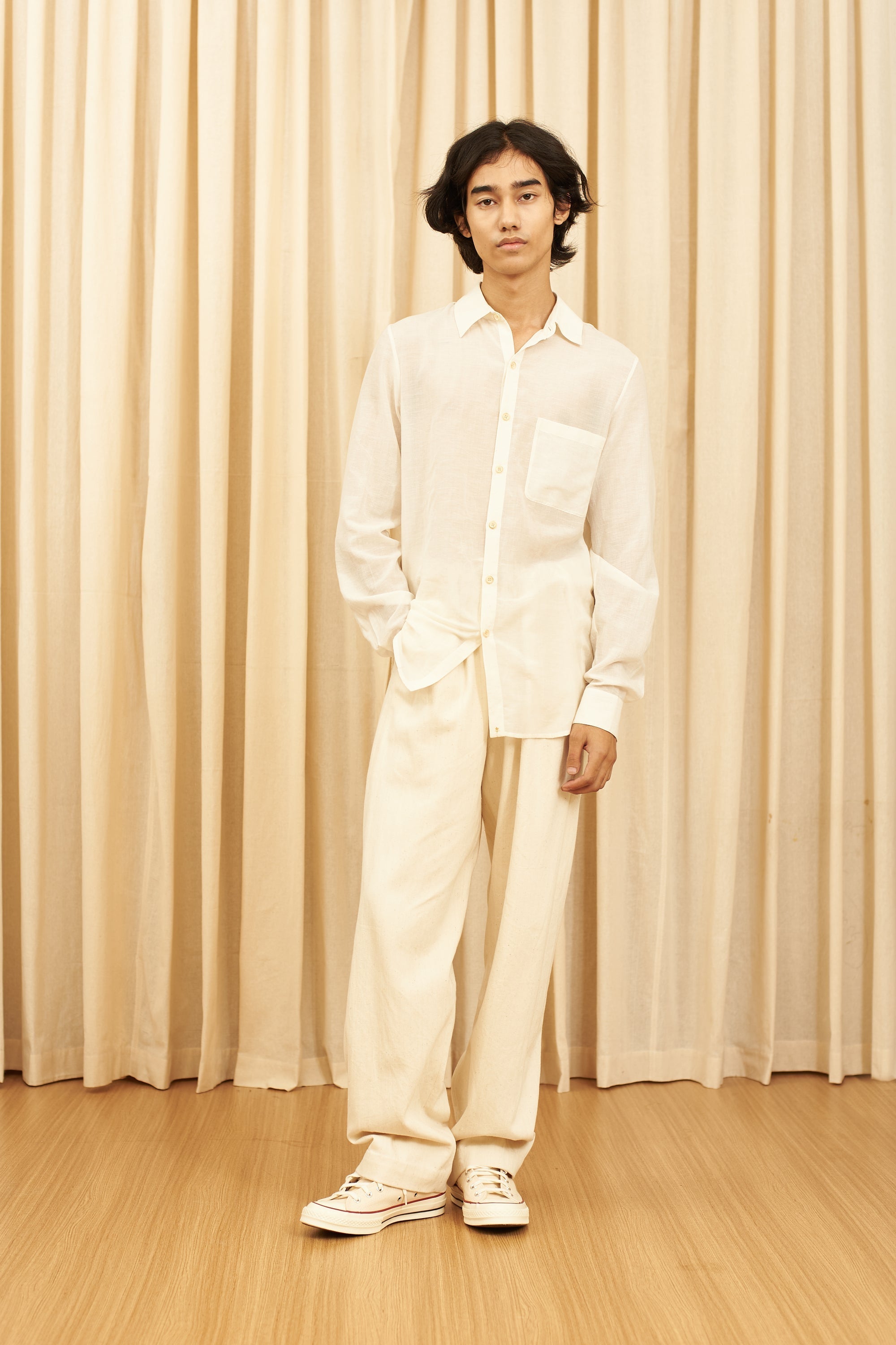 Ecru Cotton Silk Blend Men Shirt